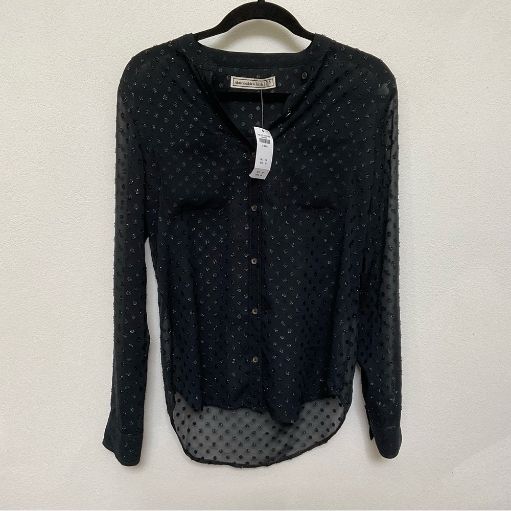 NWT Abercrombie and Fitch Black Sparkley Swiss Dot Button Front Blouse Size XS